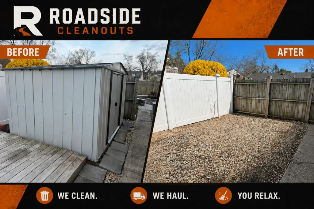 Backyard shed area before and after a Roadside Cleanouts job