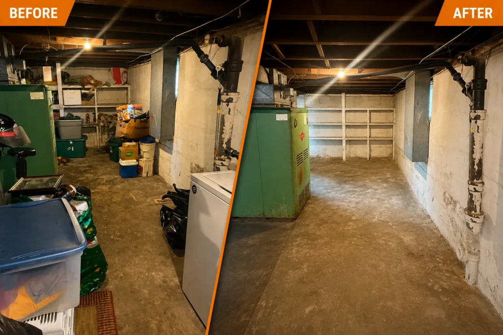 Basement before and after junk removal by Roadside Cleanouts