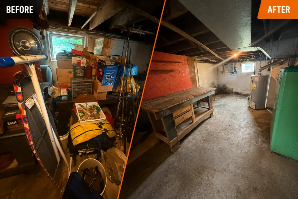 Cluttered basement storage area before and after a cleanout